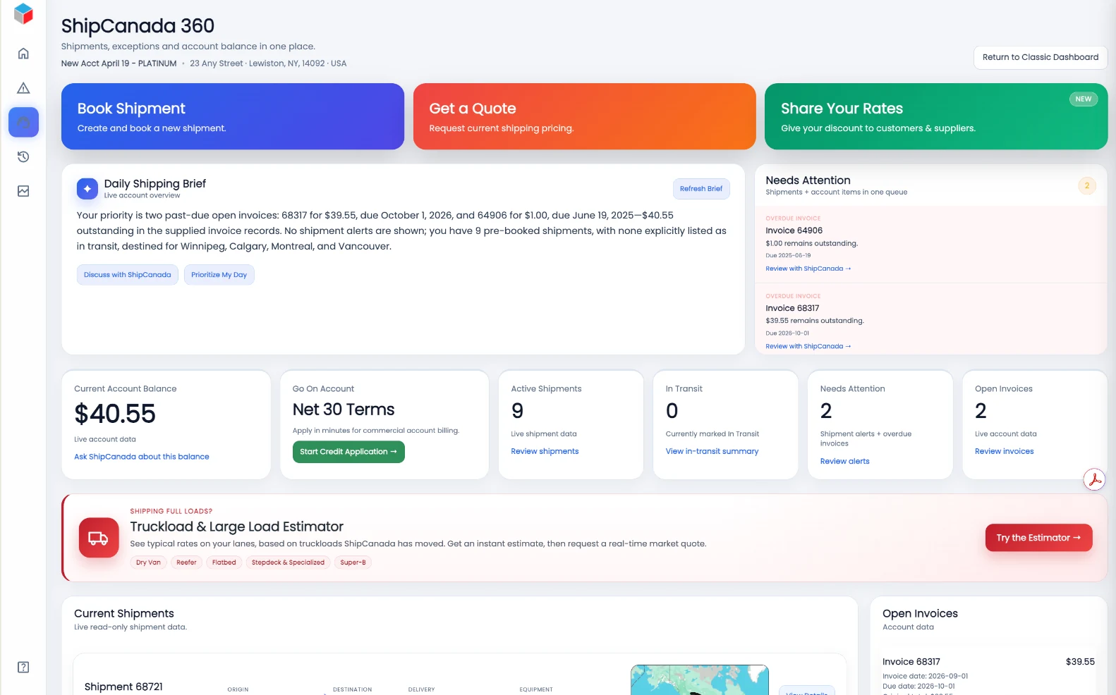 Preview of the ShipCanada 360 dashboard with account summary and shipping tools